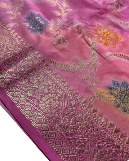 Pink Multicolour Floral Soft Silk Banarasi Saree