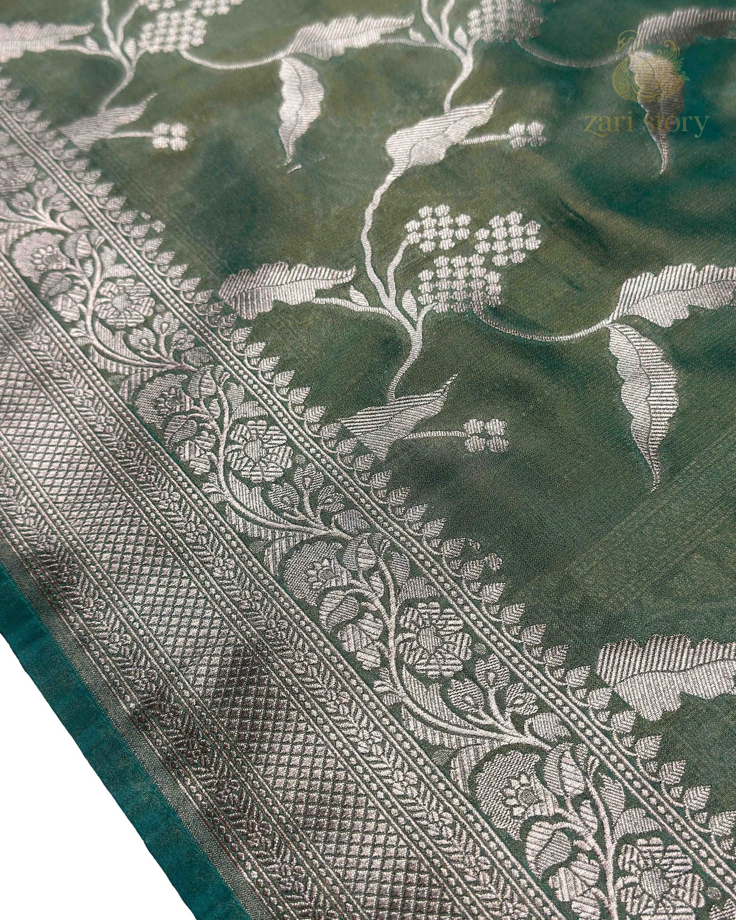 Mint Green Floral Tissue Banarasi Saree