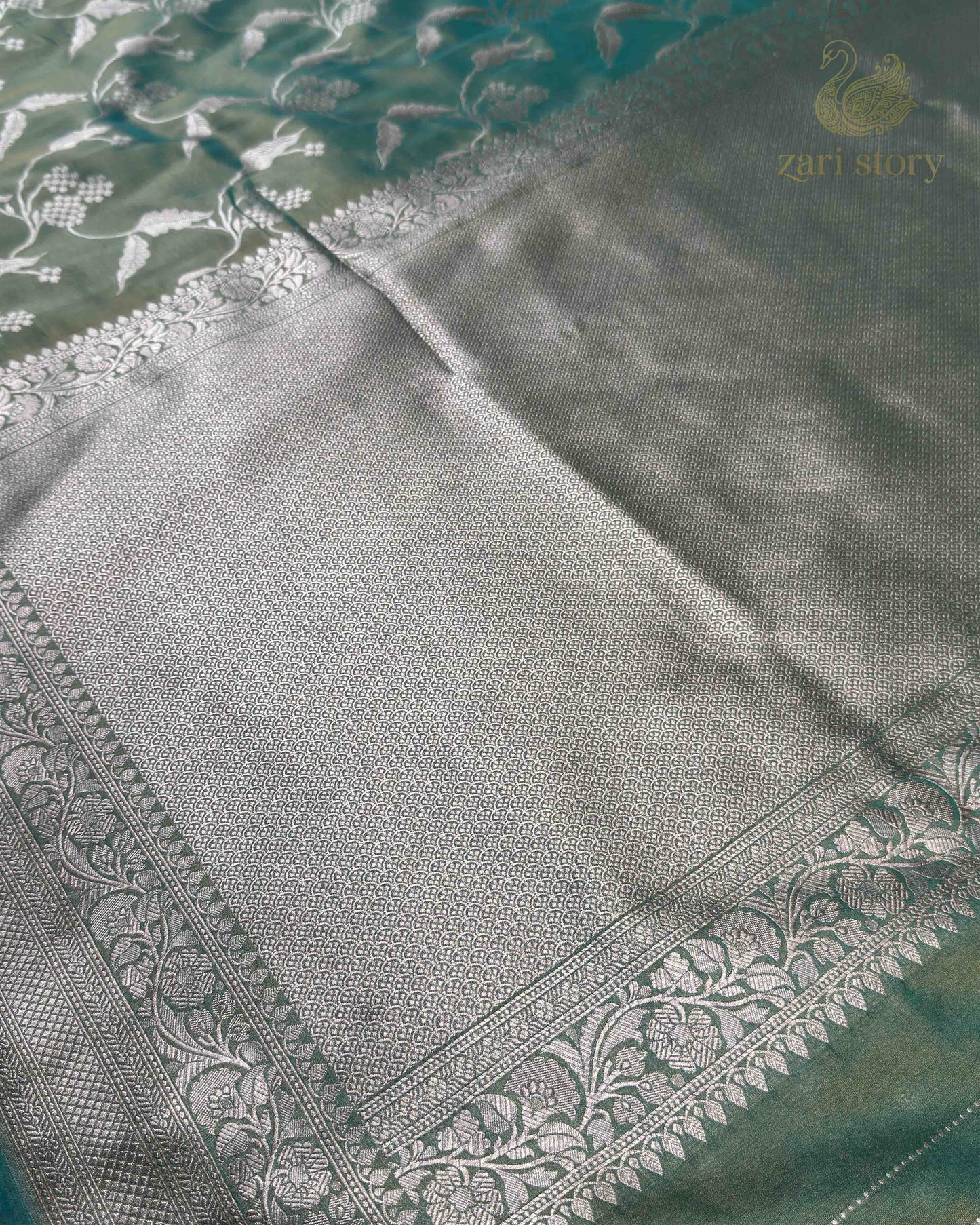 Mint Green Floral Tissue Banarasi Saree