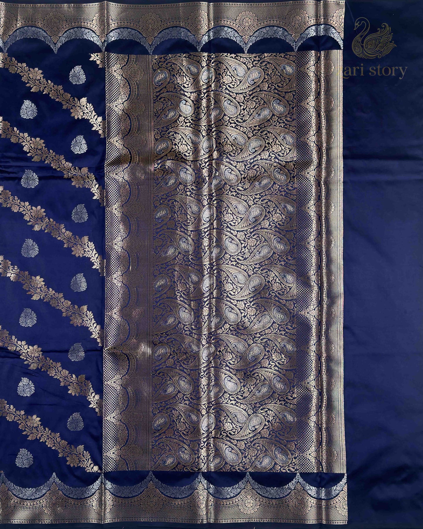 Navy Blue Floral Katan Silk Banarasi Saree