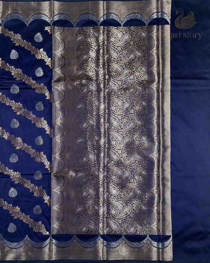 Navy Blue Floral Katan Silk Banarasi Saree