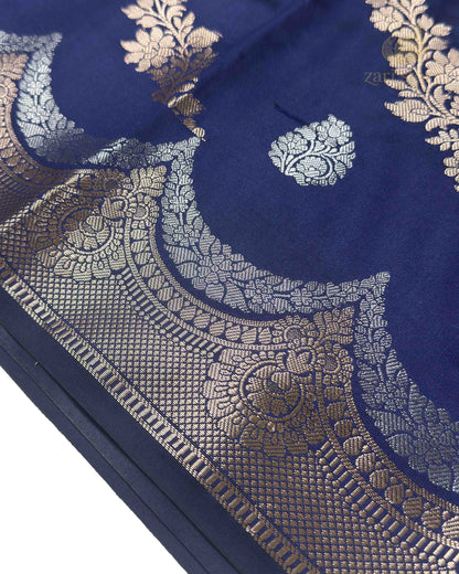 Navy Blue Floral Katan Silk Banarasi Saree