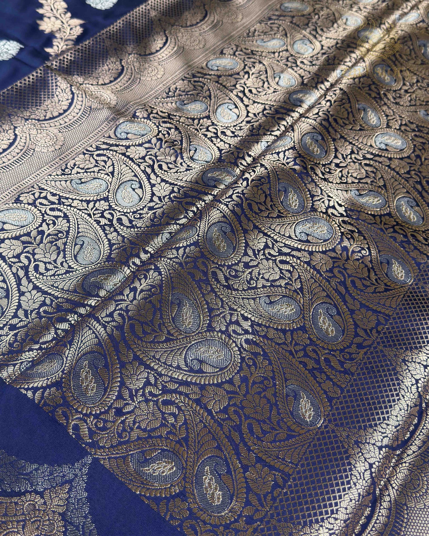 Navy Blue Floral Katan Silk Banarasi Saree
