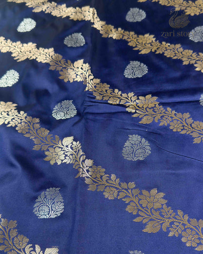 Navy Blue Floral Katan Silk Banarasi Saree