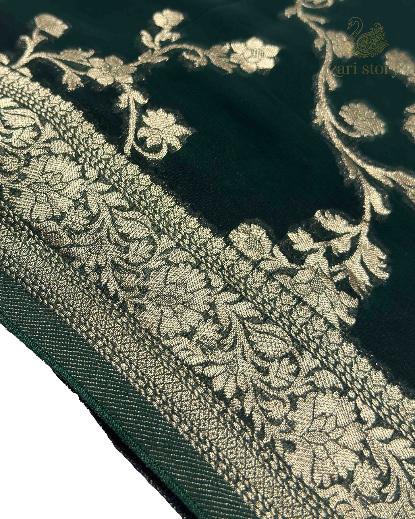 Bottle Green Floral Georgette Banarasi Saree