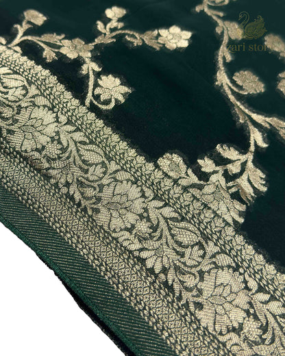 Bottle Green Floral Georgette Banarasi Saree