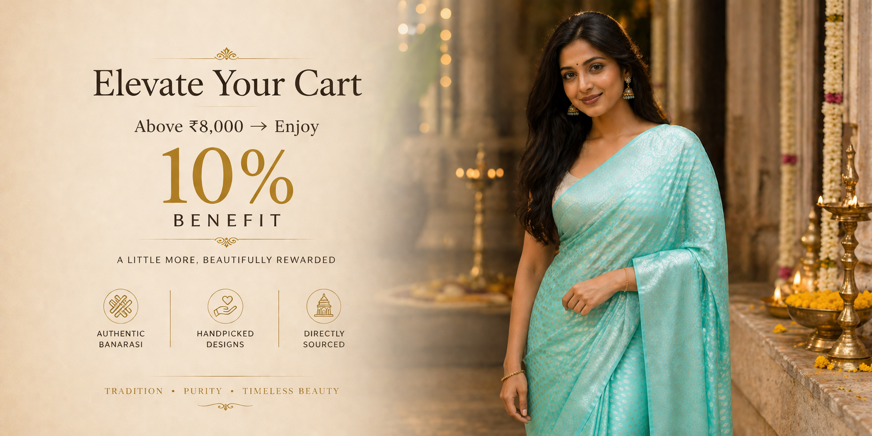 Woman in a light blue saree with promotional text for a discount offer.