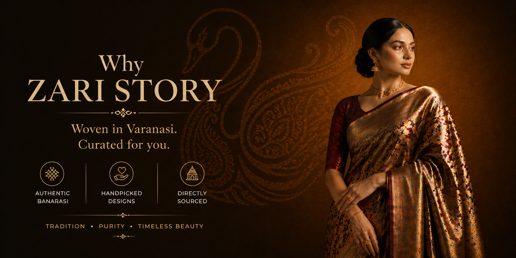 Woman in a saree with Zari Story branding and text on a dark background