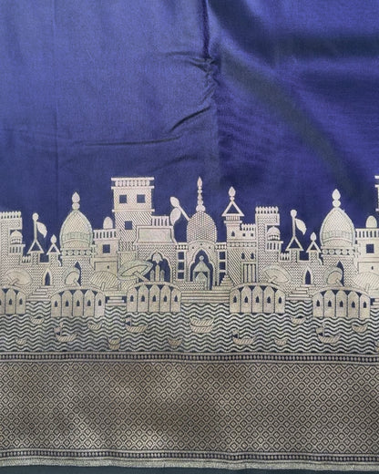 Midnight Blue Ganga Ghat Mashru Banarasi Saree